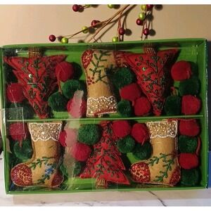 NEW Felted Wool Stocking & Tree Garland 6ft Christmas Holiday Beaded Sequins